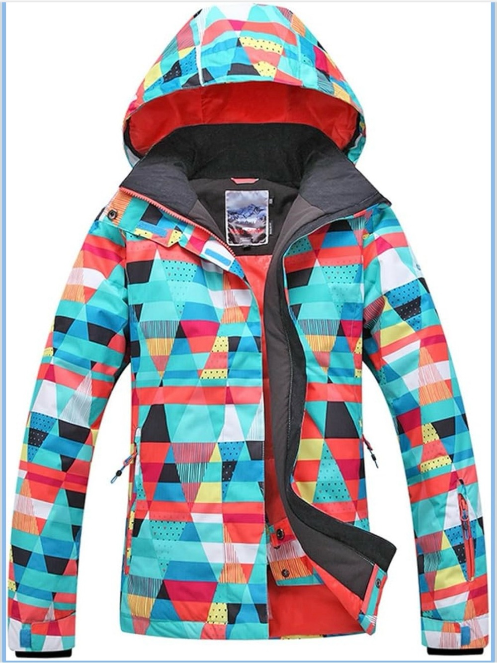 Women's High Windproof Technology Geometric Print Hooded Ski Jacket